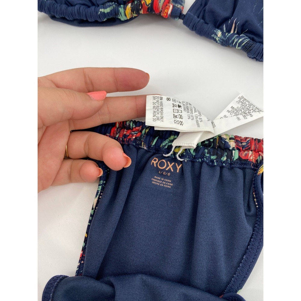 Roxy Bikini Swimsuit Womens M/L Navy Blue Floral Tropical Triangle Side Tie 2pc‎ - Picture 3 of 5